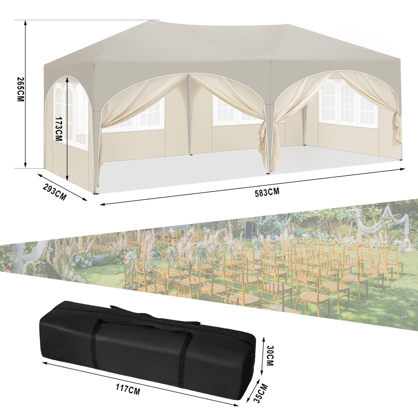 WOLTU Pavillon, Faltpavillon 3x6 m, mit 6 Seitenwänden, Partyzelt wasserabweisend UV-Schutz 50+, höhenverstellbarer Gartenpavillon, mit Tragetasche, für Outdoor Garten Camping Beige