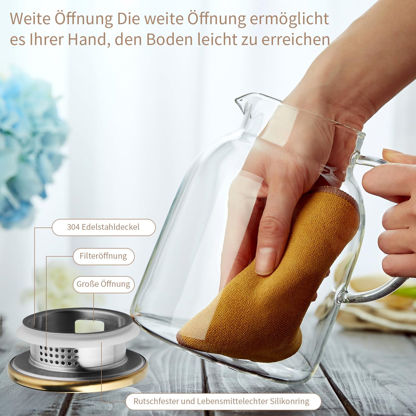 MESNEY Karaffe 2 liter, Wasserkaraffe, Glaskaraffe mit Deckel und Auslauf, Borosilikatglas Wasserkaraffe, Spülmaschinenfest, Getränkekanne für hausgemachten Eistee und Saft