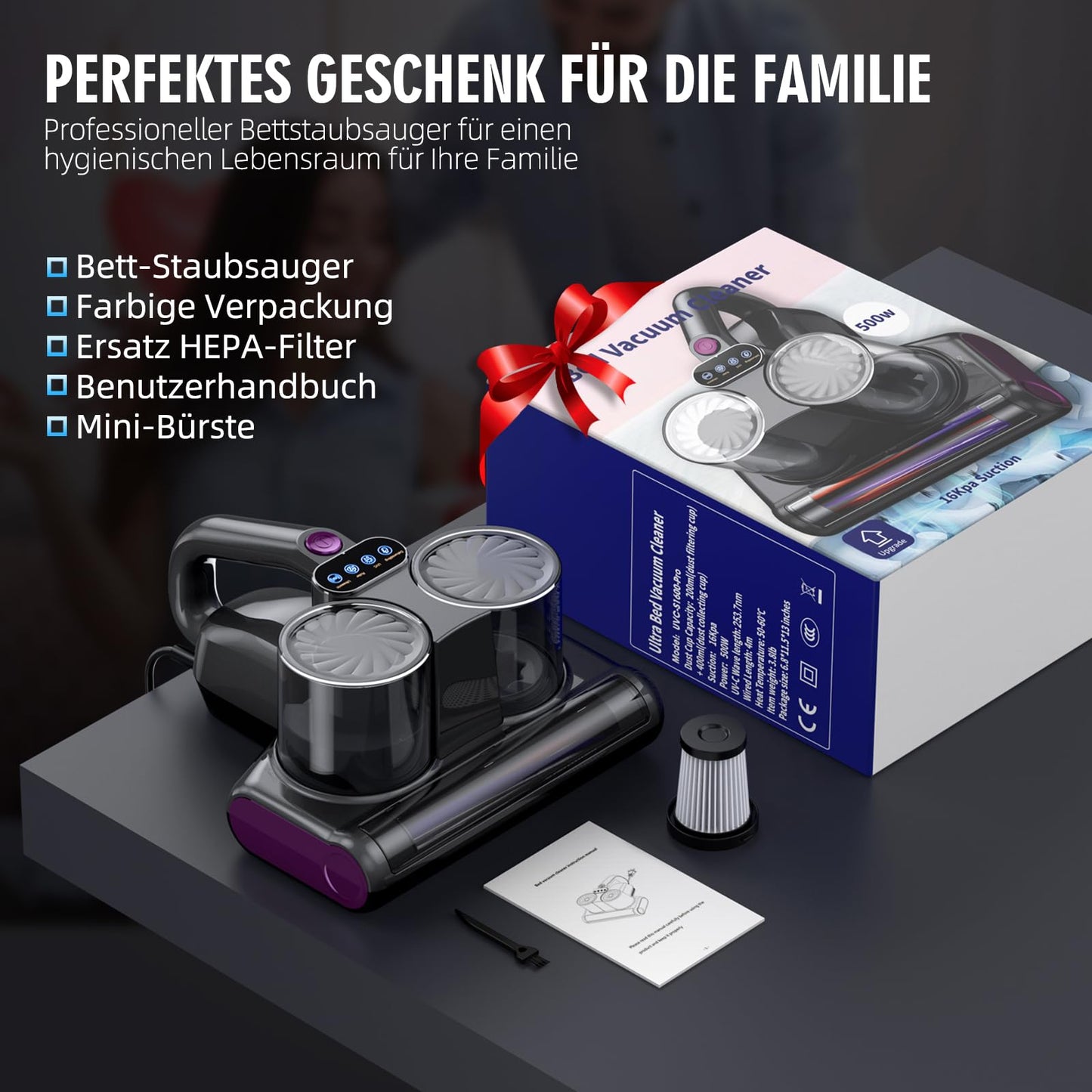 JPHYLL Milbensauger für Matratzen Milbenstaubsauger mit UV-C Licht 16Kpa Absaugung Matratzenreiniger HEPA Filter Ultraschall Hitze Bürstenrolle Technologien Matratzensauger Polstersauger 500W Kabel