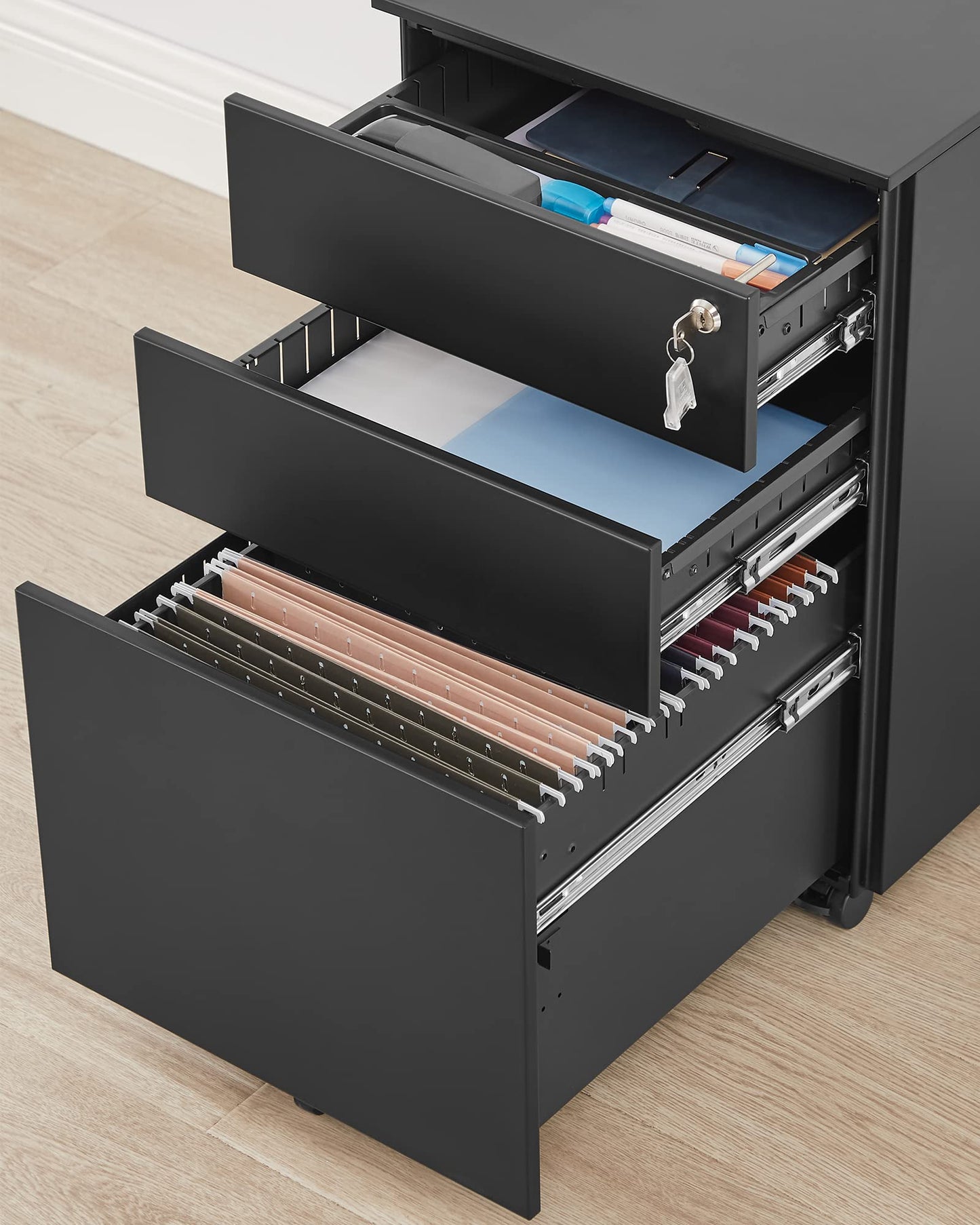 SONGMICS Rollcontainer, unter Schreibtisch, mit 3 Schublade, vormontiert, abschließbarer Büroschrank mit Hängeregistratur, für Akten, Dokumente, Schreibwaren, 52 x 39 x 60 cm, schwarz OFC60BK