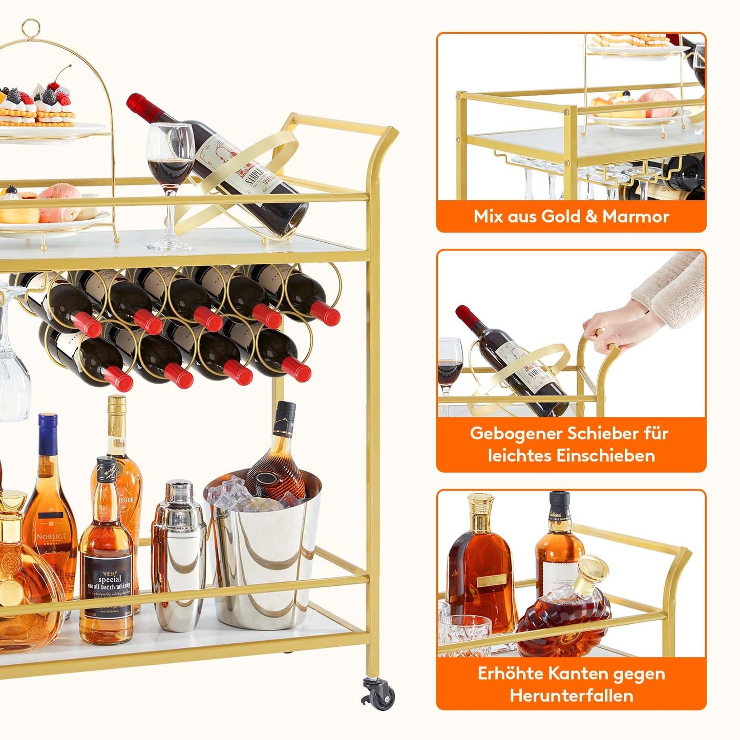 Lifewit Servierwagen mit Rollen, Küchenregal, 2-stöckiger Barwagen mit 9 Weinflaschenregalen, Küchenwagen für Esszimmer, Wohnzimmer, Innenbereich, 80 x 33,2 x 87,8 cm, Gold