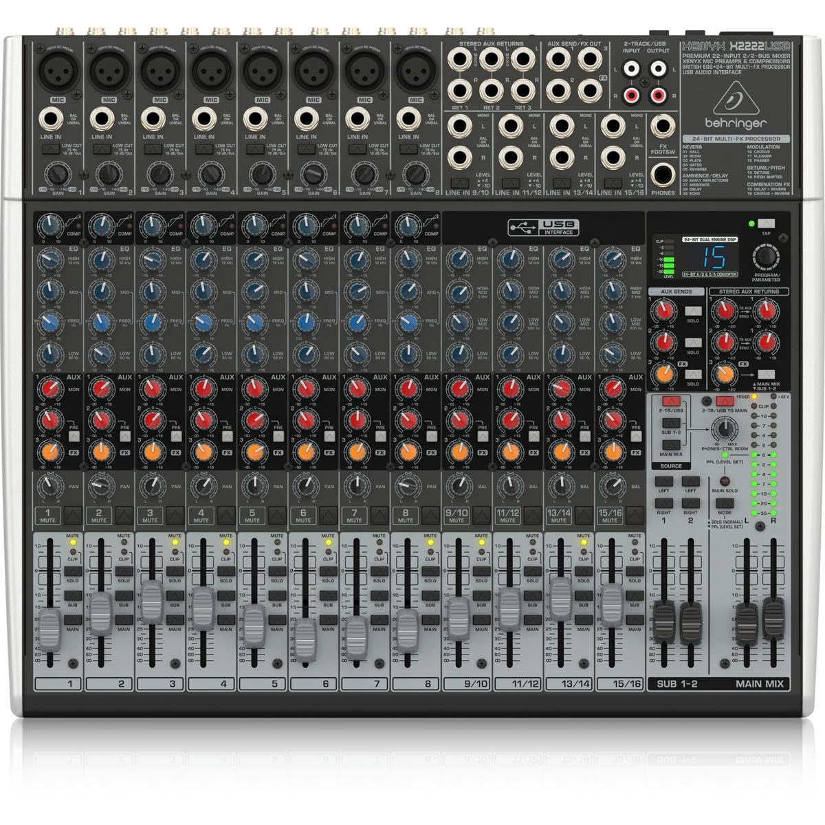 Behringer X2222USB Premium 22-Input 2/2-Bus Mixer mit XENYX Mic Preamps und Compressors, British EQs, 24-Bit Multi-FX Processor und USB/Audio Interface,Kompatibel mit PC und Mac