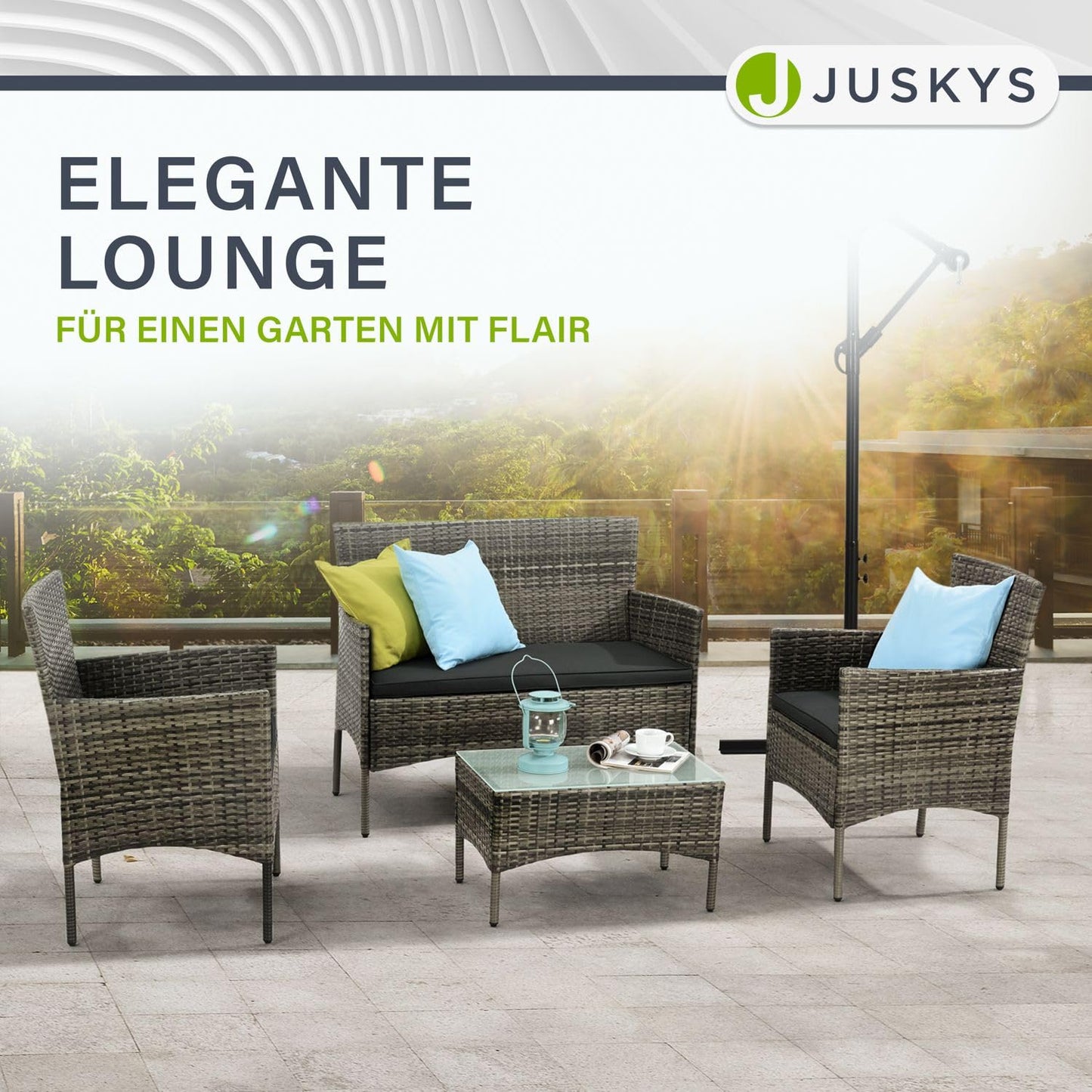 Juskys Polyrattan Sitzgruppe Fort Myers 4er-Set Grau-Meliert, Wetterfestes Gartenmöbel-Set mit Sofa, Stühlen, Tisch und Kissen