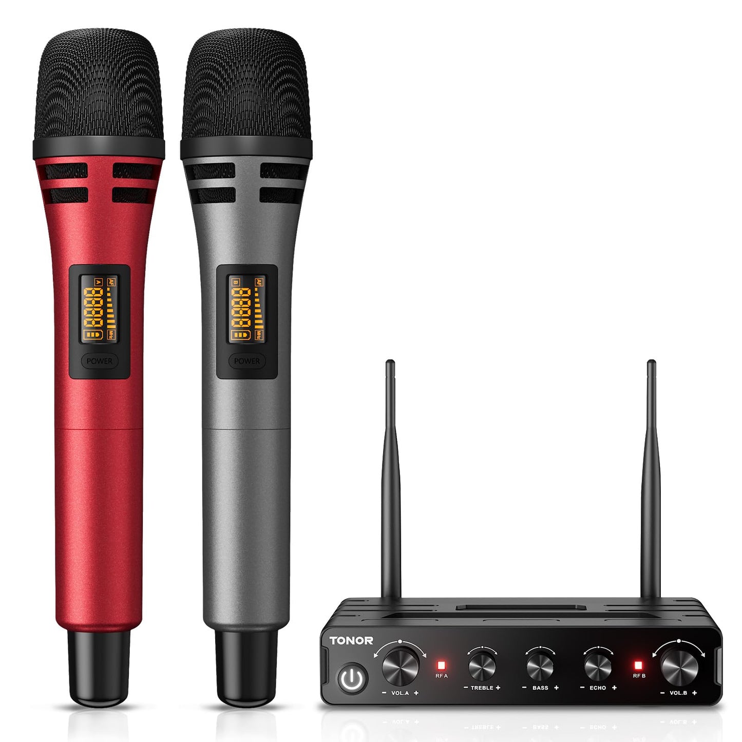 Dual Funkmikrofonen System kabellos, TONOR drahtloses Karaoke Mikro Mic Set wireless microphone Handmikrofon dynamisch mit Empfänger für Hochzeit Party Kirche Vortrag Bühne Reden Konferenz TW350 Rot