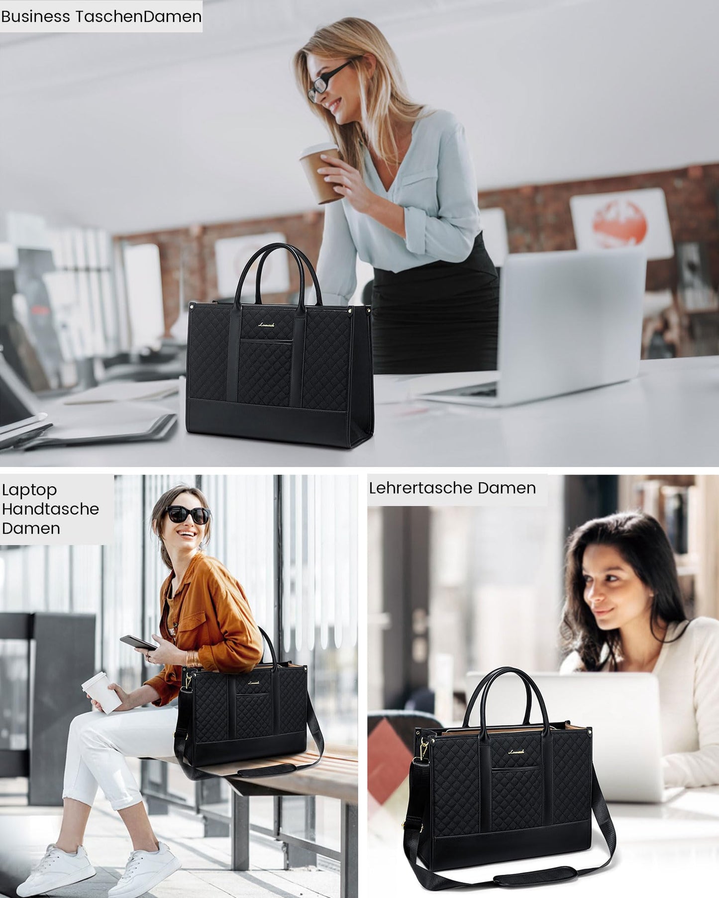 LOVEVOOK Laptoptasche Damen 15,6 Zoll, Wasserdicht Arbeitstasche Handtasche Groß Schultasche Shopper Business Tasche Aktentasche Lehrertasche, Leder Tote Bag Notebooktasche für Büro Uni Schwarz