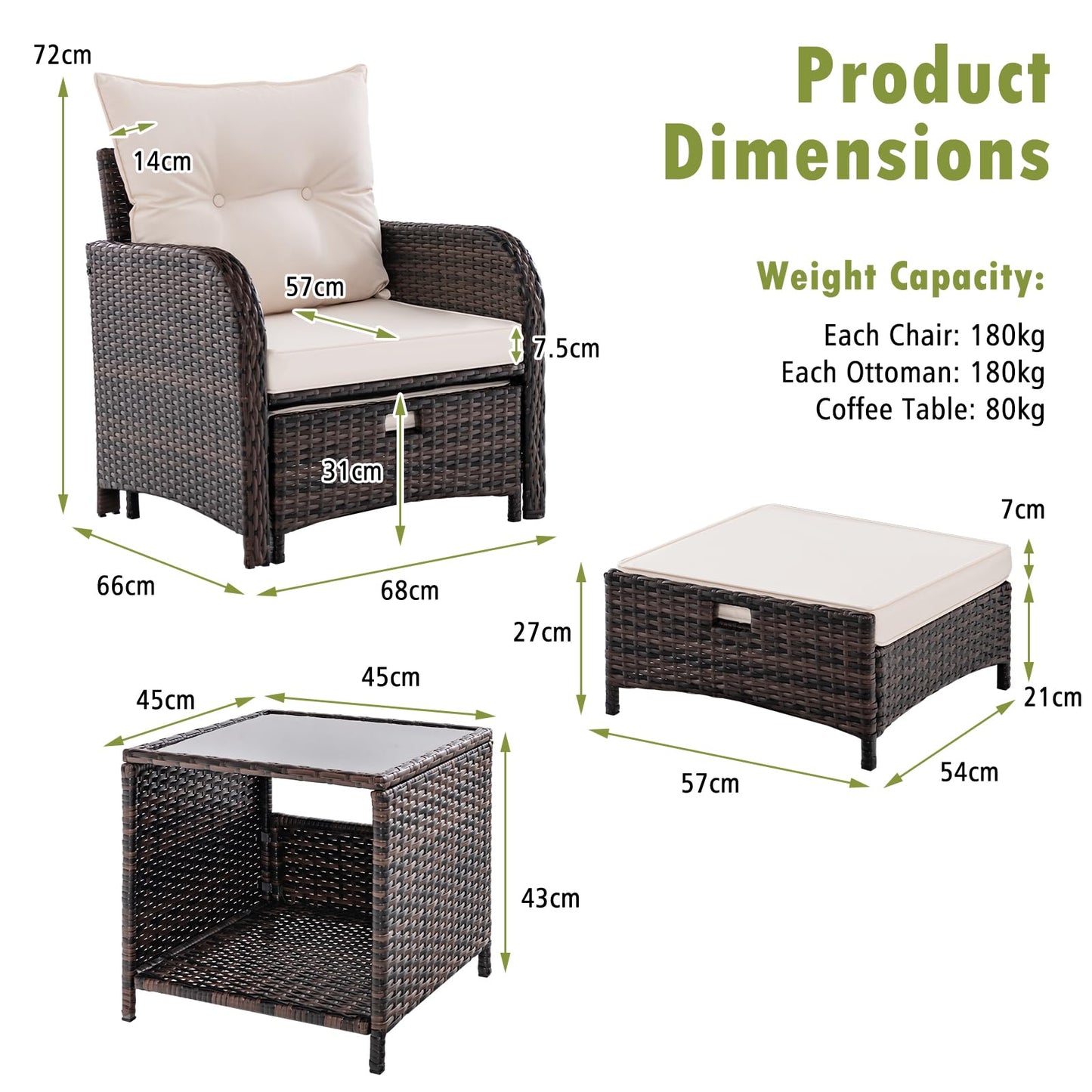 GIANTEX 5er Rattan Gartenmöbel Set, Balkonmöbel Kleiner Balkon, Balkonset 2 Rattansessel mit Hocker, Gartenlounge Set Terrassenmöbel mit Tisch, Gartengarnitur Möbelsets Outdoor Sitzgruppe 5 teilig