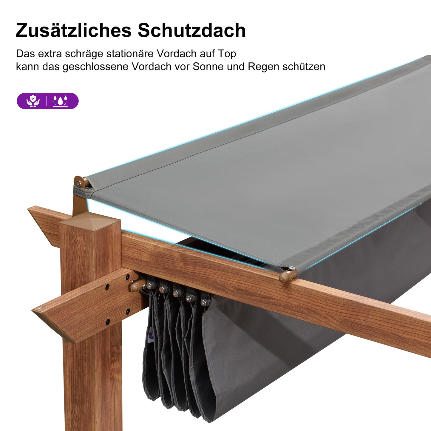 PURPLE LEAF Pergola 3 x 4 m Holzoptik Terrassenüberdachung Rostfreier Aluminium Pavillon mit Einziehbarem Dach Freistehend mit Markisenschutz, Grau