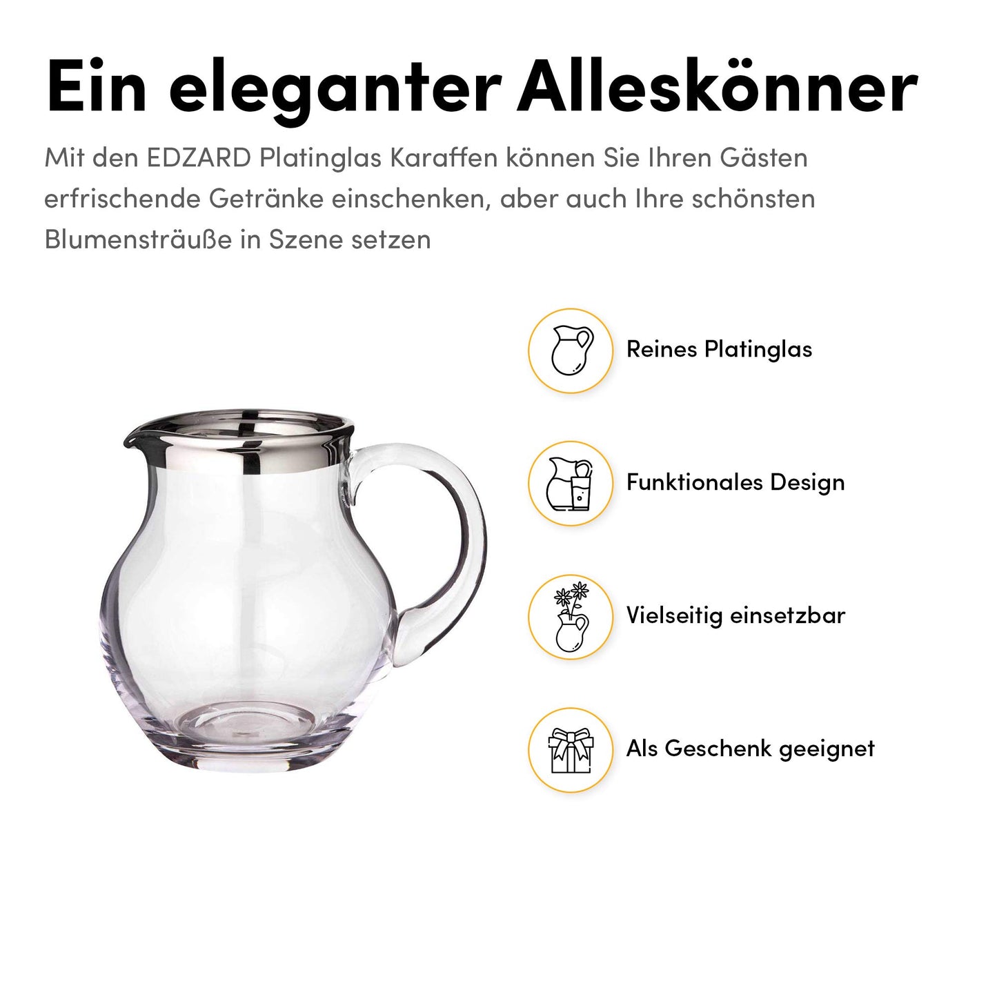 EDZARD Glaskaraffe Olivia, feiner Kristallglas Krug mit Platinrand, Füllvolumen 1,0 Liter, Höhe 16 cm