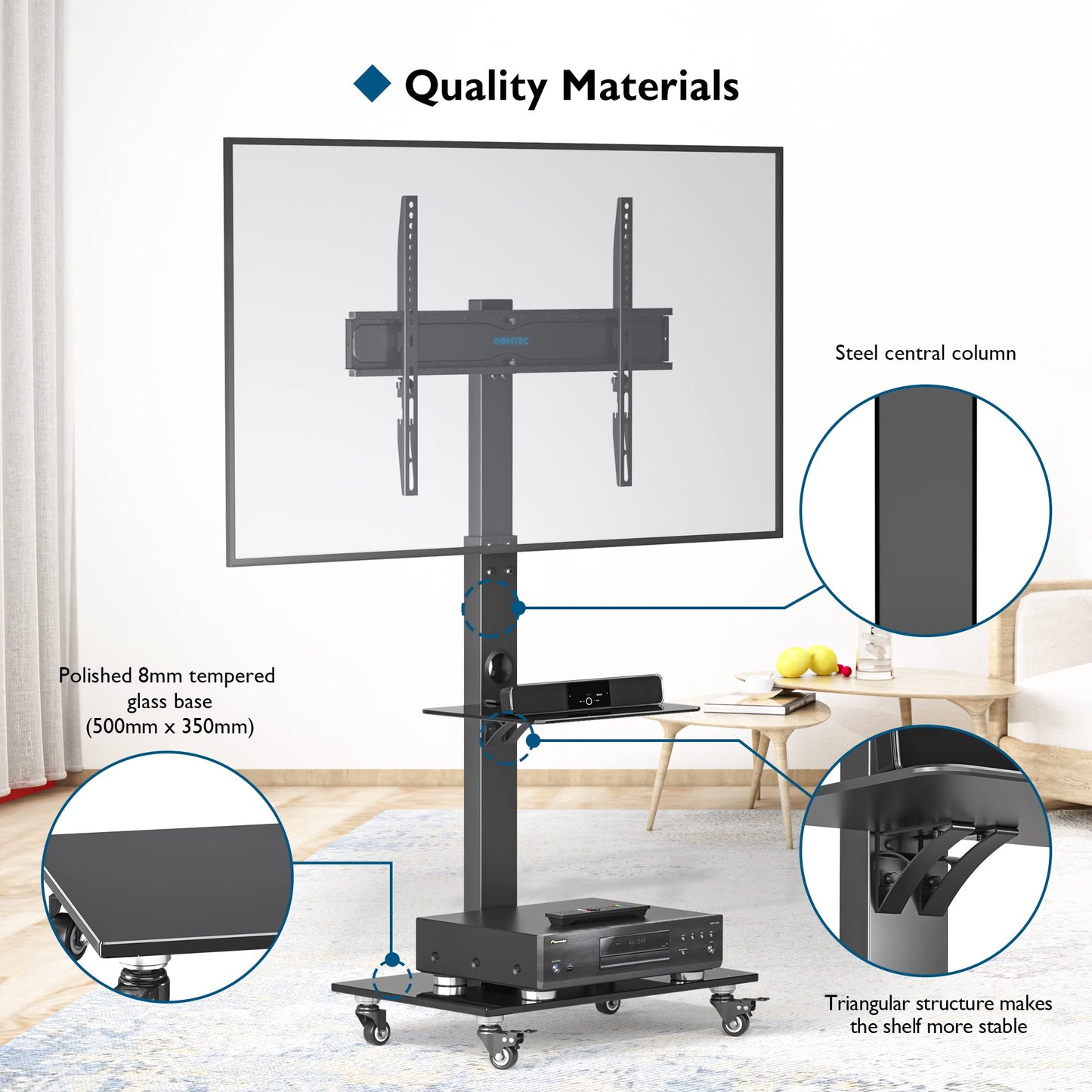 BONTEC TV-Ständer mit Rollen für 30-70 Zoll Plasma-/LCD-/LED-Bildschirme bis 40 kg, 6 Höhenverstellungen mit 2-stufigen Ablagen aus gehärtetem Glas, MAX VESA 600 x 400 mm