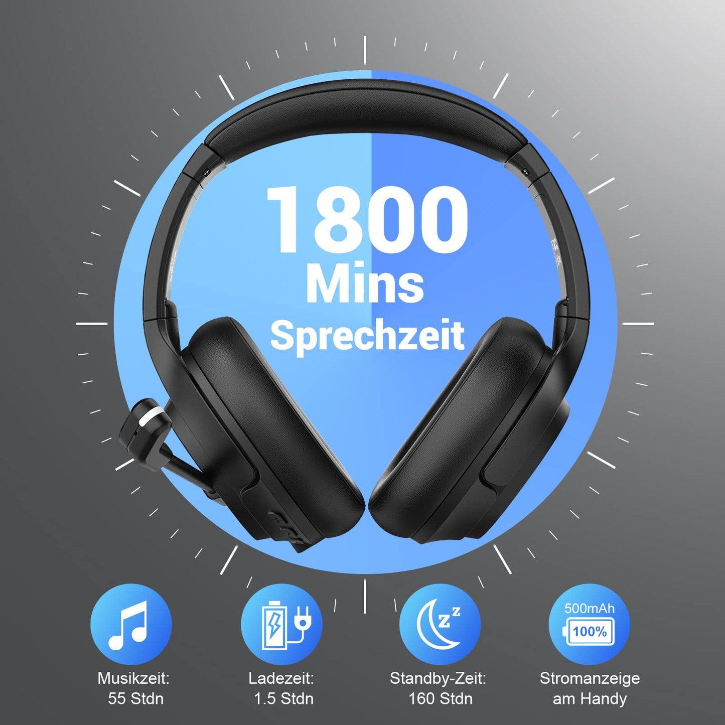 EKSA H6 Bluetooth Headset mit Mikrofon & USB Dongle [Bis zu 55 Stdn & 10 Meter Reichweite] Wireless PC Headset mit AI Noise Cancelling Mic, Over Ear Headset für Business/Büro/Home Office/Teams/Zoom