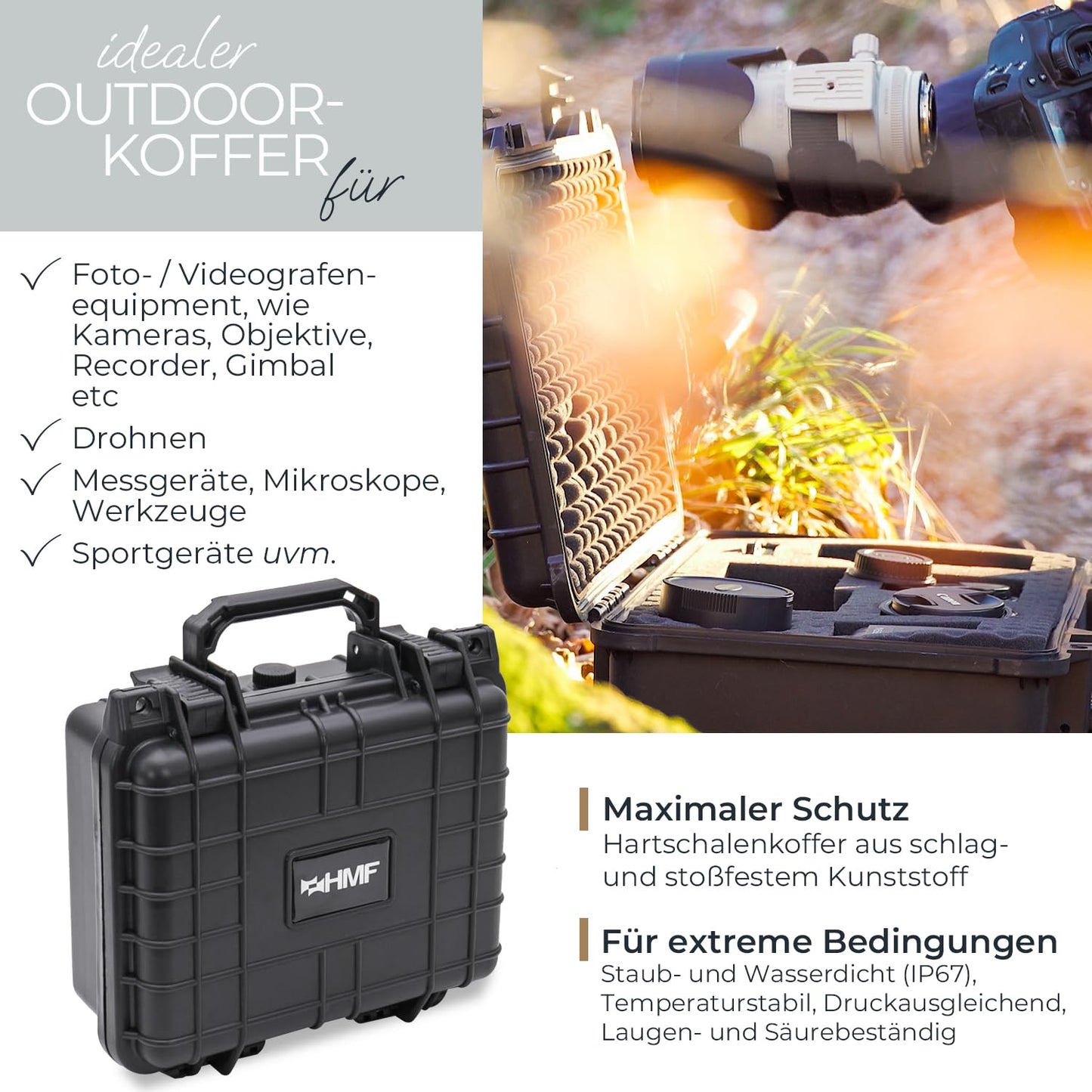 HMF ODK100 Outdoor-Fotokoffer, Transportkoffer mit Rasterschaumstoff | 27 x 24,5 x 13 cm