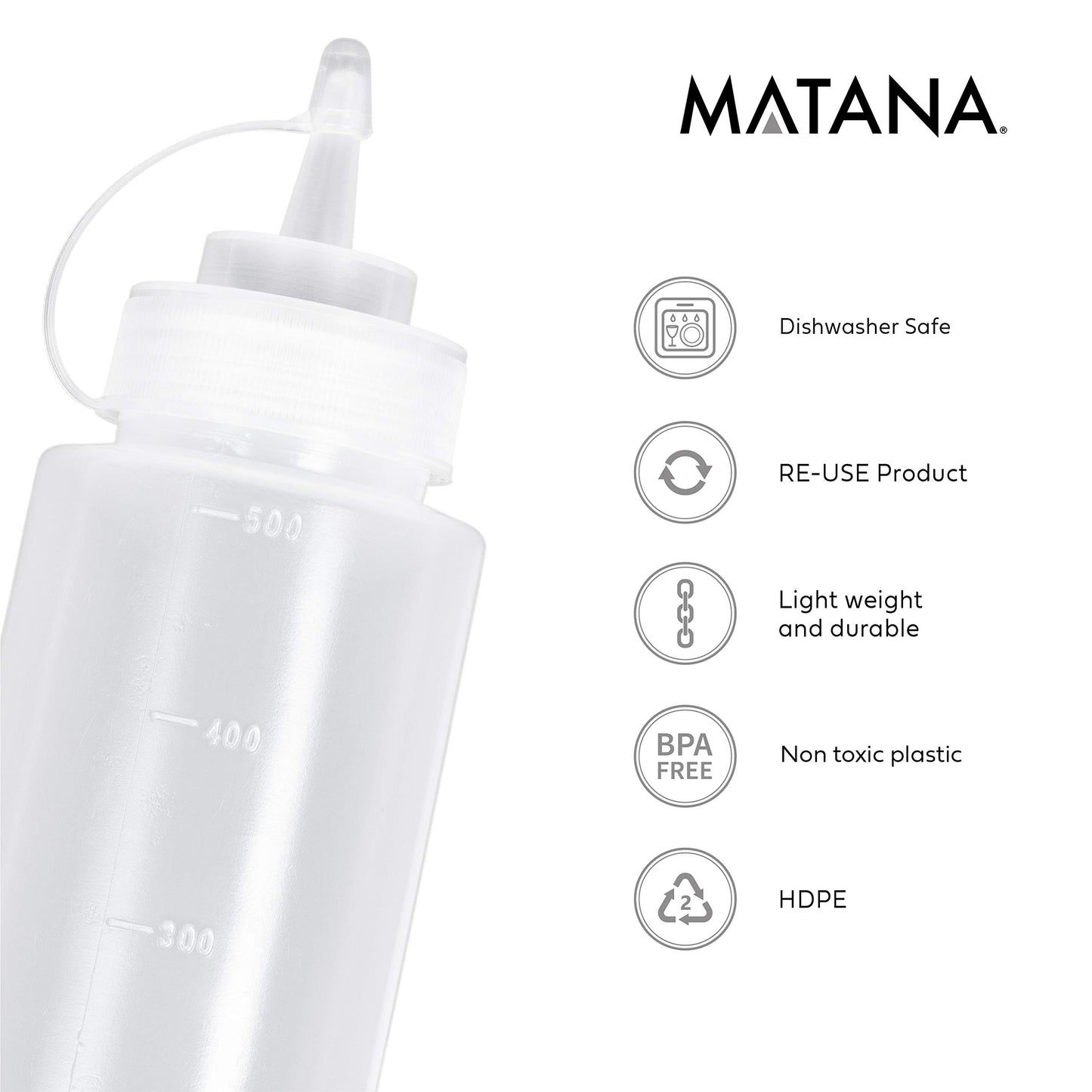 MATANA 4 Große Quetschflaschen aus Kunststoff mit Kappen, 500ml - Squeeze Flaschen - Gewürze, Saucen, Ketchup, Dressings, Olivenöl – BPA-Frei & Spülmaschinenfest