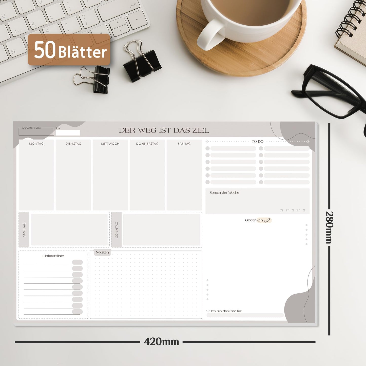 BIROYAL Wochenplaner Block Undatiert A3-50 Seiten Weekly Planner mit To Do Liste - Wochenkalender - Wochen Planer mit Wochenübersicht & Einkaufsliste - Schreibtischunterlage für Aufgaben & Termine