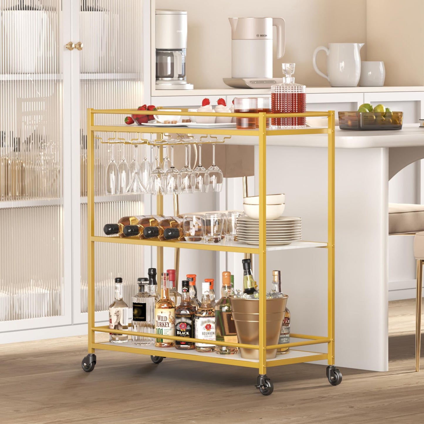Lifewit Servierwagen, 3-stöckiger Barwagen auf feststellbaren Rädern, Küchenrwagen für 12 Gläser und 4 Weine, Servierwagen mit Rollen für das Esszimmer, 80,2 x 33,2 x 86 cm, Gold Lebenswit