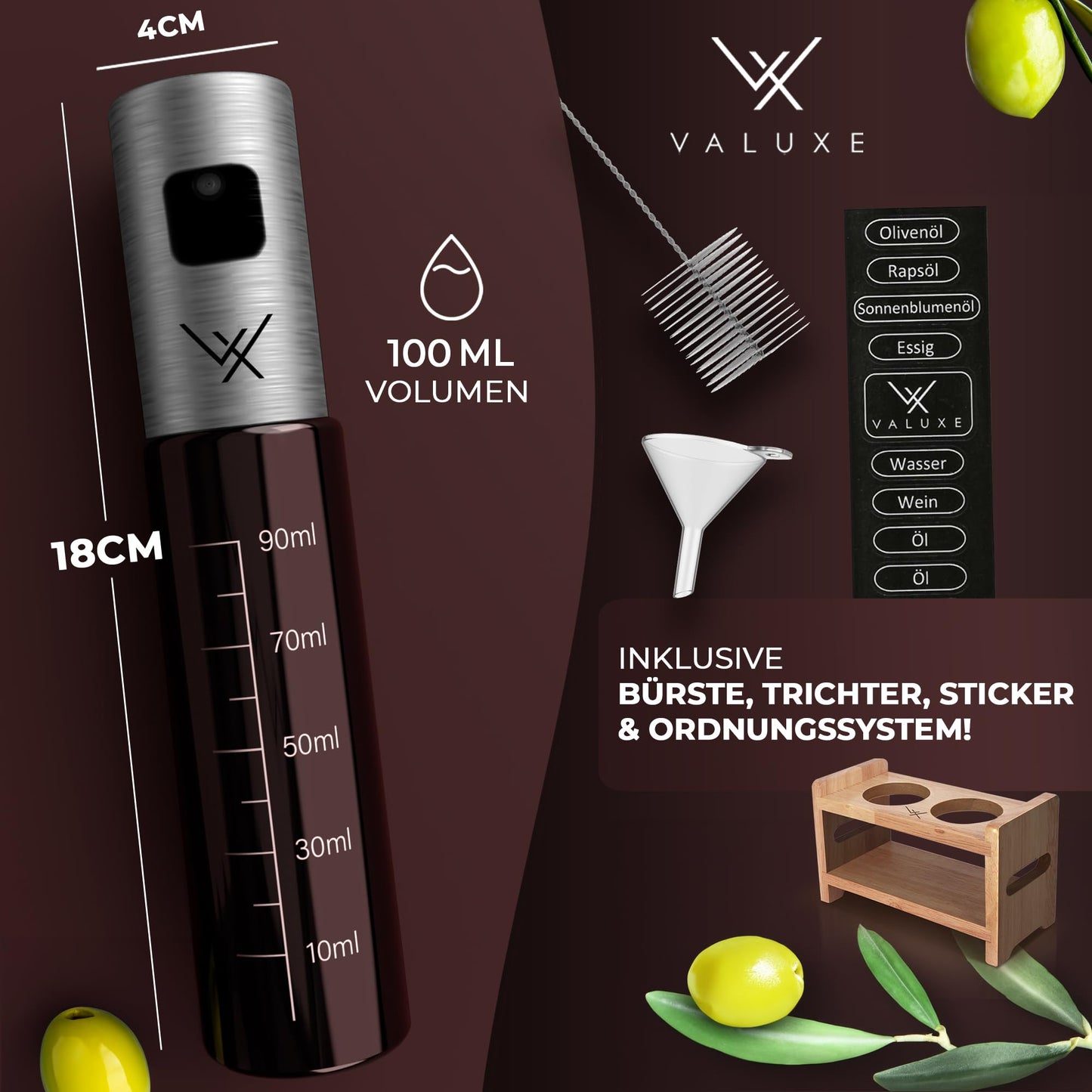 VALUXE® Ölsprüher für Speiseöl und Essig mit UV-Schutz Glas & Sprühfilter - 2er Set Edelstahl Öl-Sprühflasche inkl. Halterung - Präziser Olivenöl Sprüher, Öl-Zerstäuber, Oil-Sprayer