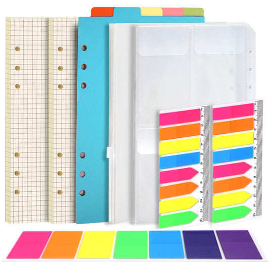 FANDAMEI A5 Karierte Nachfüllbare Notizpapier Set, 2 Packe 6 Löcher A5 Nachfüllpapier 90 Blätter, 5 Stücke Farbige Trennblätter A5, 460 Stücke Haftnotizen Bunt, 2 Stücke Umschlägbeutel A5