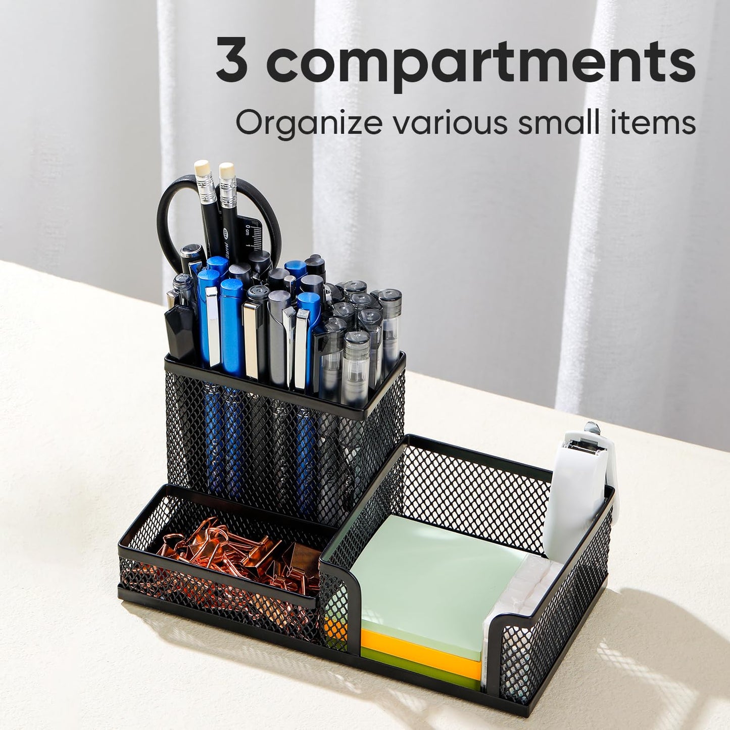 deli Schreibtisch Organizer aus Drahtmetall, Multifunktionale Organisation mit Stifthalter und Aufbewahrungskörben, für Zuhause und Büro, 3 Fächer, Schwarz