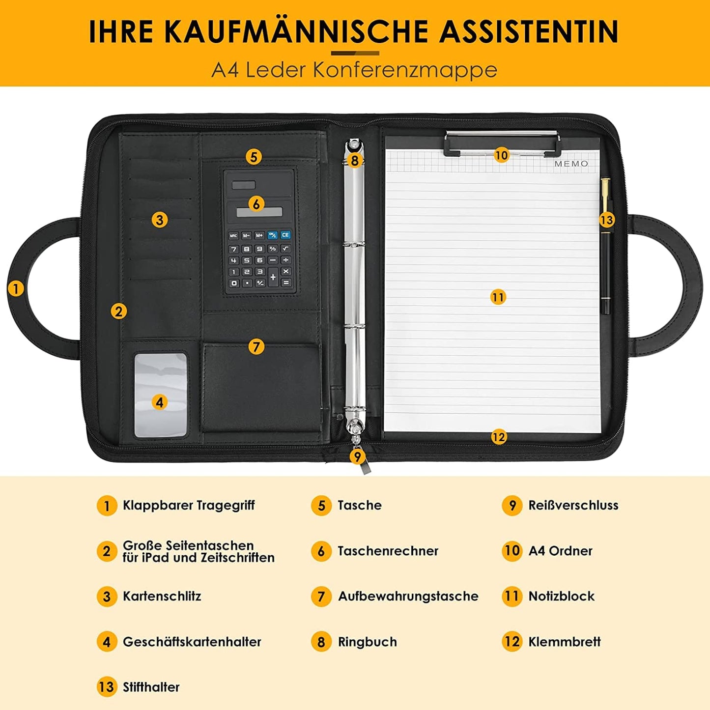 Schreibmappe A4, Konferenzmappe Leder, Dokumentenmappe mit Reißverschluss, Wasserdicht Aktenmappe mit Ringbuch Klemmbrett Notizblock, Portfolio Padfolio Mappe für Business Meeting, Schwarz