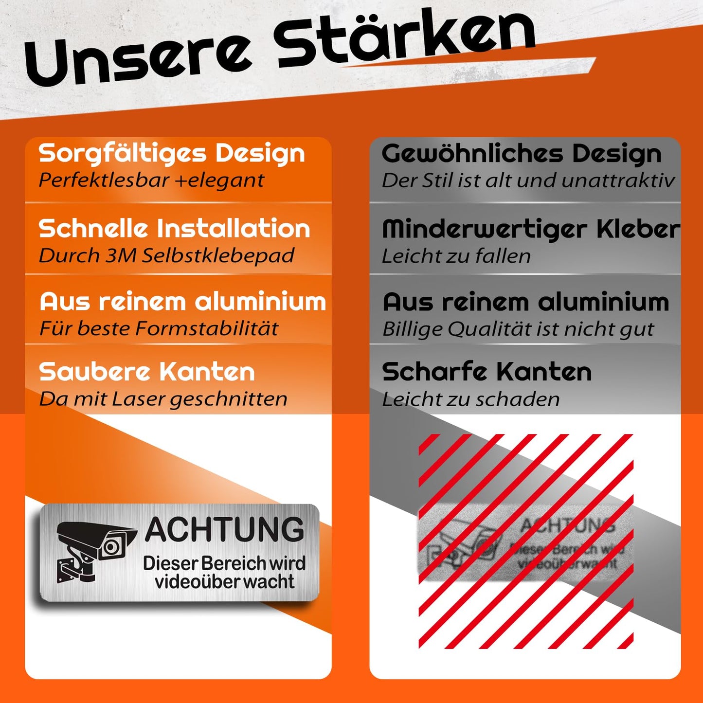 AIFIZO Schild Videoüberwachung 2 Stück 85mm×30mm mit 3M Tape, Gebürsteter Aluminium Achtung Videoüberwachung Schild, Achtung Privatgrundstück, Selbstklebend & Aluminium, Videoüberwachung Schild