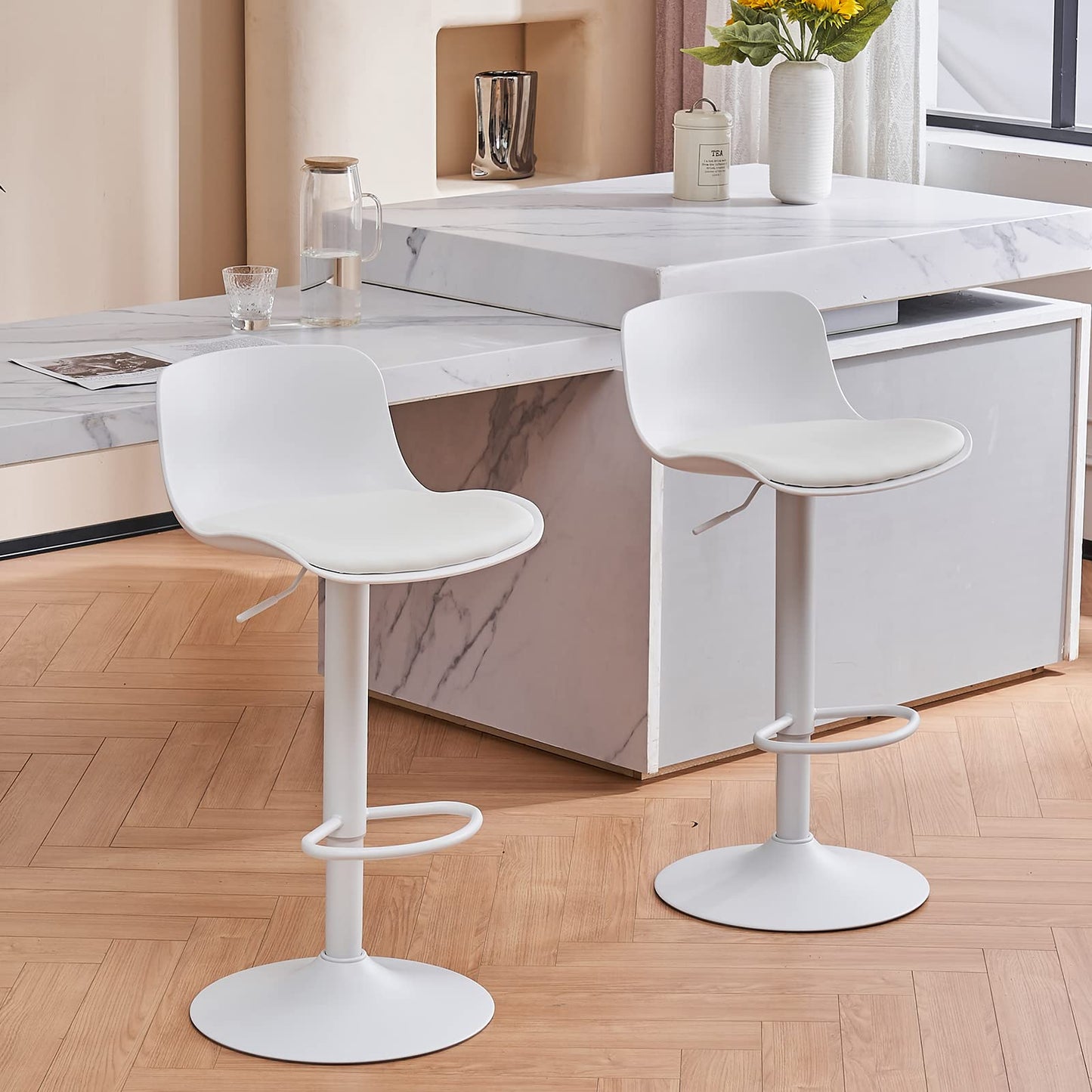 YOUNIKE Barhocker Weiß Barstühle 2er Set, Bar Stool Höhenverstellbar Drehstuhl, Küchenstühle Tresenstuhl mit Rückenlehne, Hohe Barhocker für Bartheke Küche