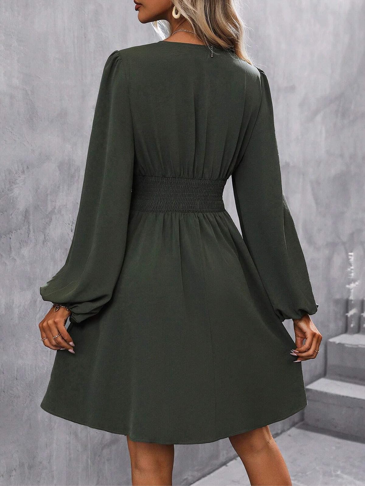 LIAMERHE Damen Elegant Kleid Langarm V-Ausschnitt Casual Kleider A-Linie Winterkleider Blumenmuster Minikleid Freizeitkleider Herbst Winter Laternenärmeln Kleid Partykleid Grün XL