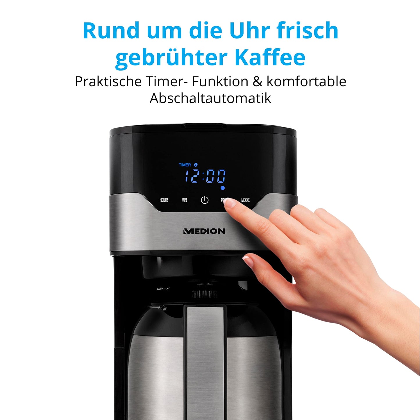 MEDION Kaffeemaschine mit Thermoskanne und Timer (Filtermaschine, 8 Tassen, 1,2 Liter, 900 Watt, 3 Stufen, Warmhaltefunktion, Timer Zeitschaltuhr, Antitropf, Display, MD18458) edelstahl