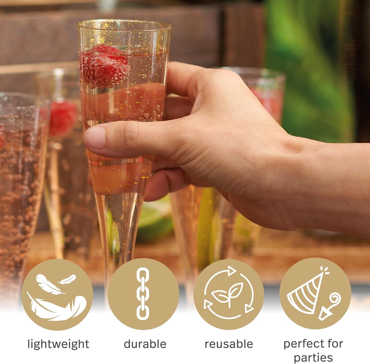 MATANA 120 Premium Sektgläser Plastik mit Silber & Goldglitter, 133ml - Sektgläser Kunststoff, Sektflöten, Champagner Gläser, Cocktailgläser, Weingläser für Hochzeiten, Partys - Stabil & Mehrweg