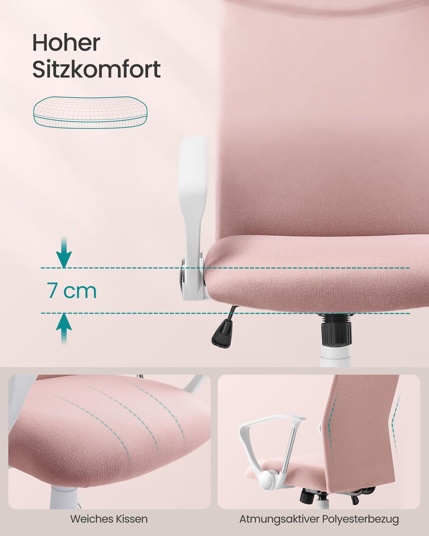 Ergonomischer Bürostuhl – Drehstuhl mit S-förmiger Rückenlehne & Wippfunktion, Pastellrosa