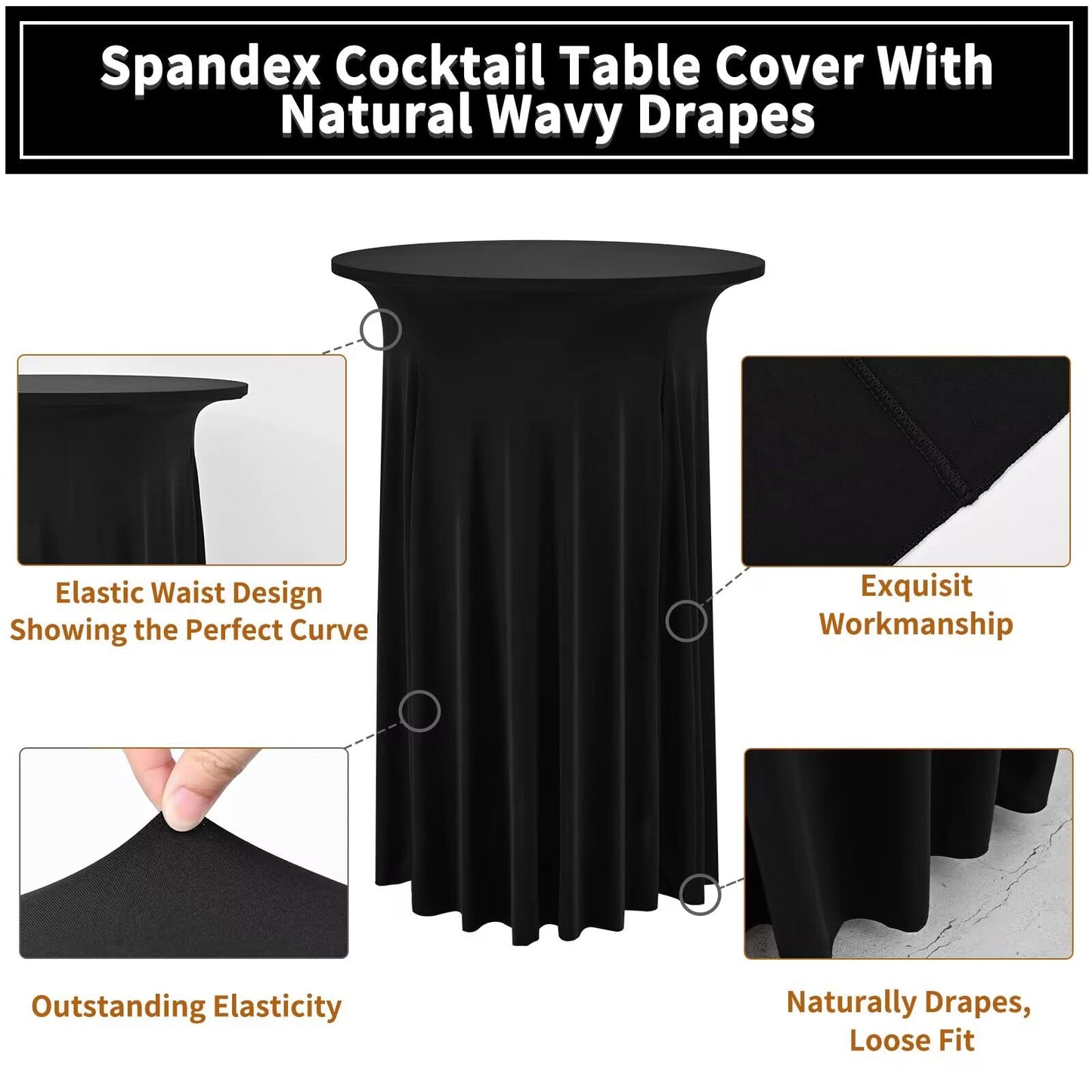 4er-Set Schwarz Stehtisch Hussen für Bistrotisch 60 x 110 cm Spandex-Stretch Tischdecke mit Rock, Runder Cocktail-Tischrocke für Hochzeit, Bar, Party, Geburtstag, Banketttisch