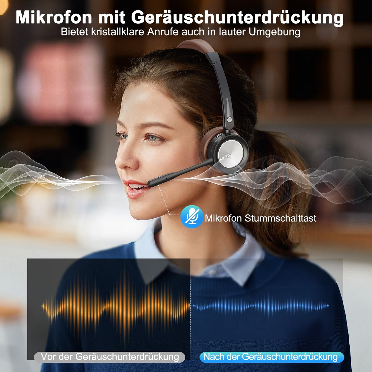 Mairdi Wireless Headset mit Mikrofon Noise Canceling, Mono Bluetooth Headset mit Ladestation, mit USB Bluetooth Adapter für Handy PC Call-Center Büro Zoom Microsoft Team Skype Chat