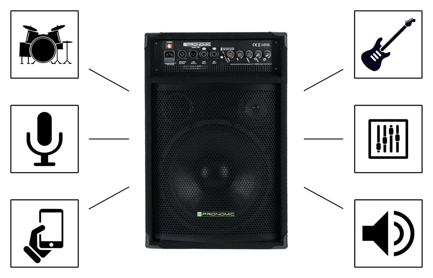 Pronomic KAM-12BT Aktiver Bühnenmonitor - PA Monitor Lautsprecher mit Bluetooth- 120 Watt (RMS), 3-Band-Equalizer - 12" Woofer - 3" Hochtöner