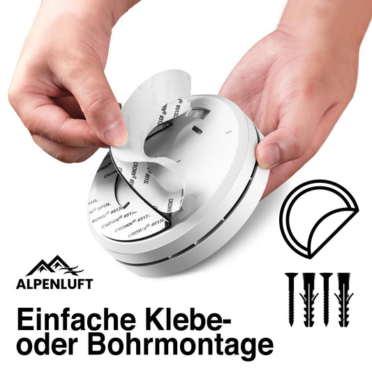 ALPENLUFT Rauchmelder Funk Vernetzt 10 Jahre Batterie, Rauchwarnmelder & Hitzemelder 2in1, Feuermelder, Brandmelder, Funkrauchmelder Vernetzbar | Ohne Bohren, Ohne LED Blinken