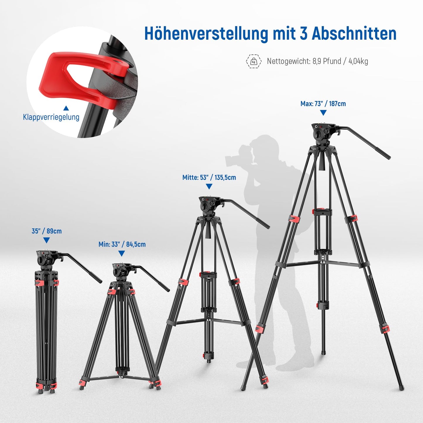 NEEWER Basic 74“ Videostativ mit Fluidkopf [Basisversion], Metall Kamerastativ mit sanfter Reibungsdämpfung, Mittelspinne, Schnellwechselplatte kompatibel mit 501, maximale Belastung 17,6lb, TP37