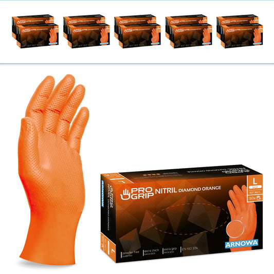 PROGRIP Einweghandschuhe Diamant Grip, Orange, Einmalhandschuhe Extra Stark, Nitrilhandschuhe Gr. L, 2x dicker, Handschuhe Einweg, Arbeitshandschuhe für Werkstatt & Montage, 500 Stück (10x50 Stk)
