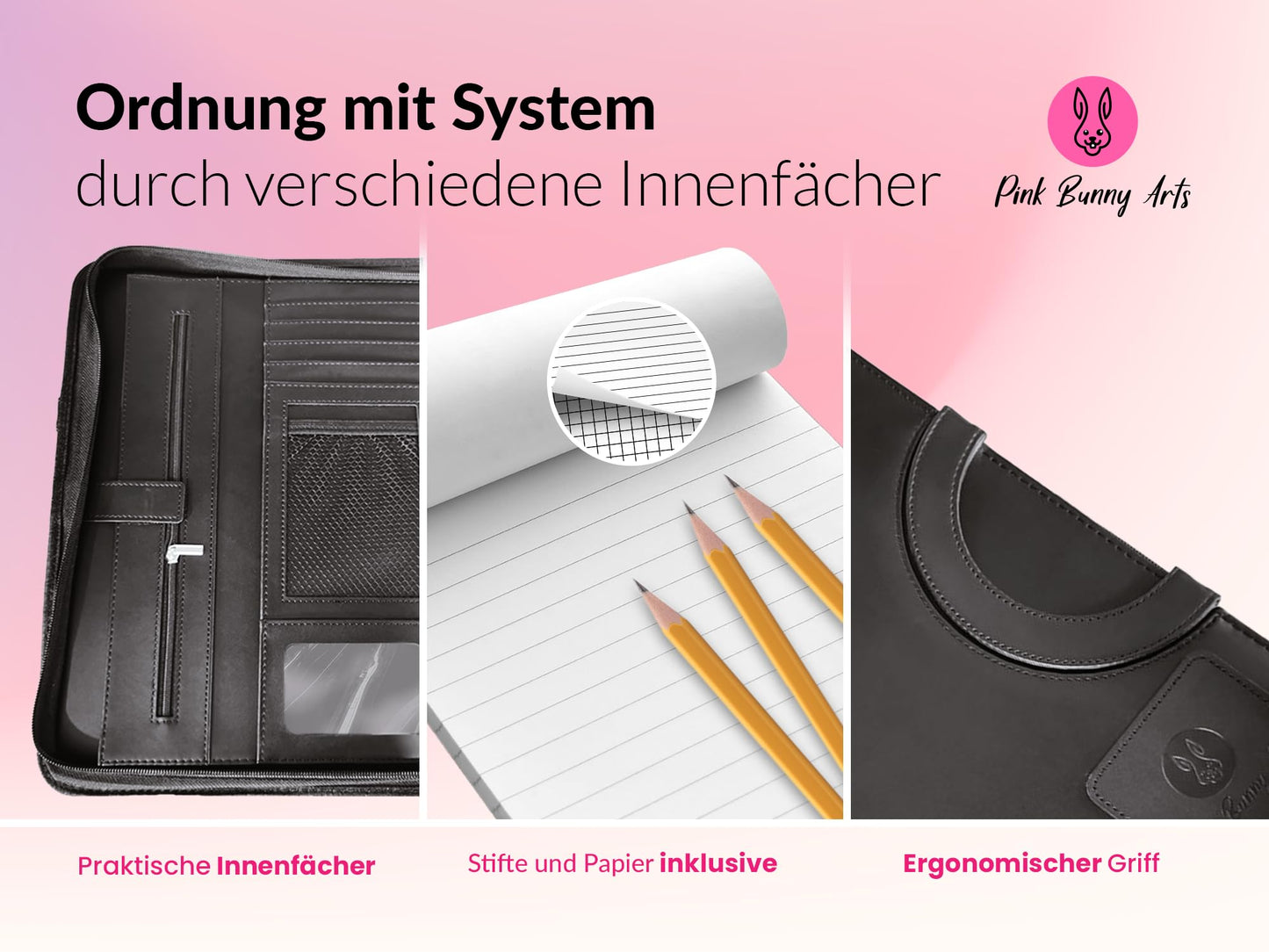 Pink Bunny Arts Schreibmappe A4 - Dokumentenmappe in hochwertiger Lederoptik - Konferenzmappe A4 inkl. Klemmbügel - Notizbuch Bürobedarf