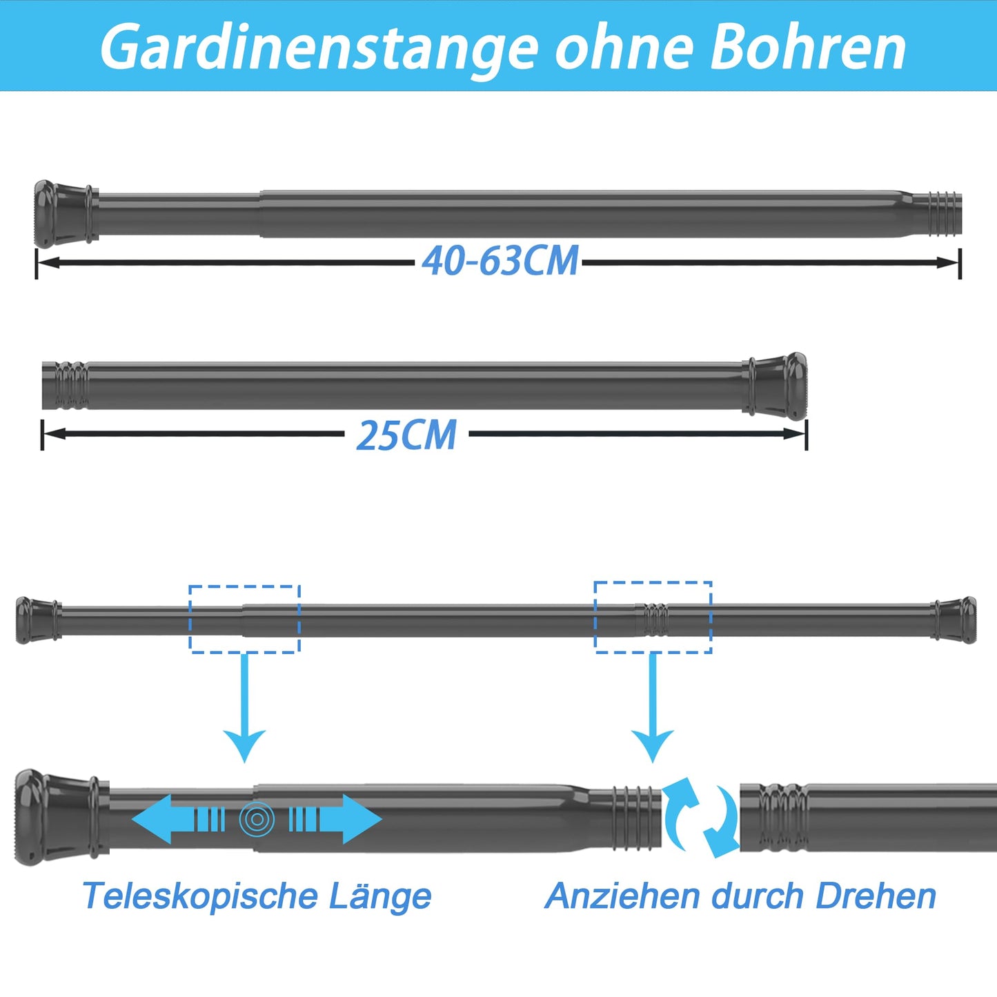 Aiitomg 1Stück Gardinenstange Ohne Bohren Duschstange Ausziehbare Kleiderstange für Fenster, Kleiderschrank, Badezimmer 62-85CM Weiß(Durchmesser 25mm)