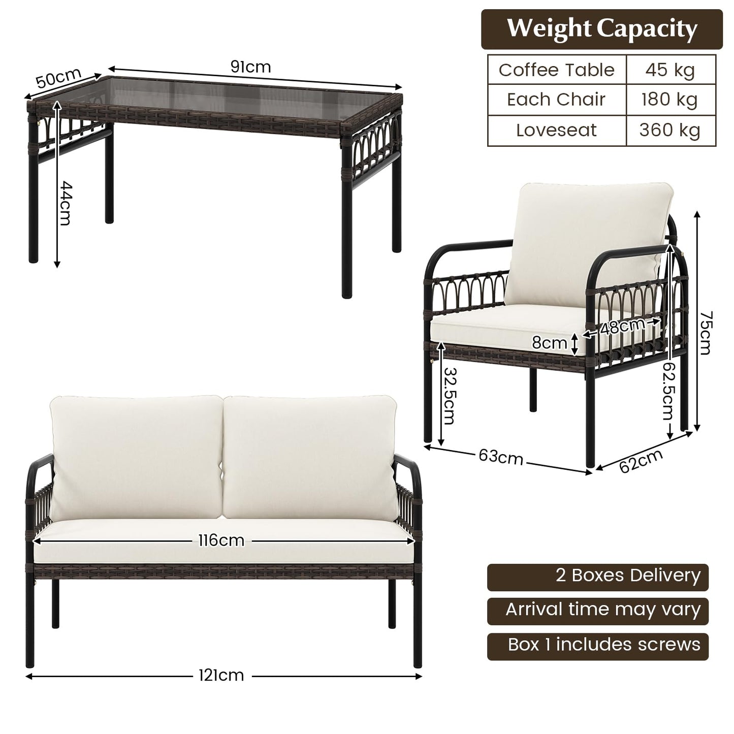GIANTEX Gartenmöbel Set, Gartenlounge Outdoor Möbelsets, Garten Lounge Set Rattan, Sitzgruppe 4 Personen Tisch 2 Stühle Sitzbank, inkl. Kissen, Balkonmöbel Kleiner Balkon, Gartengarnitur Sitzgruppe