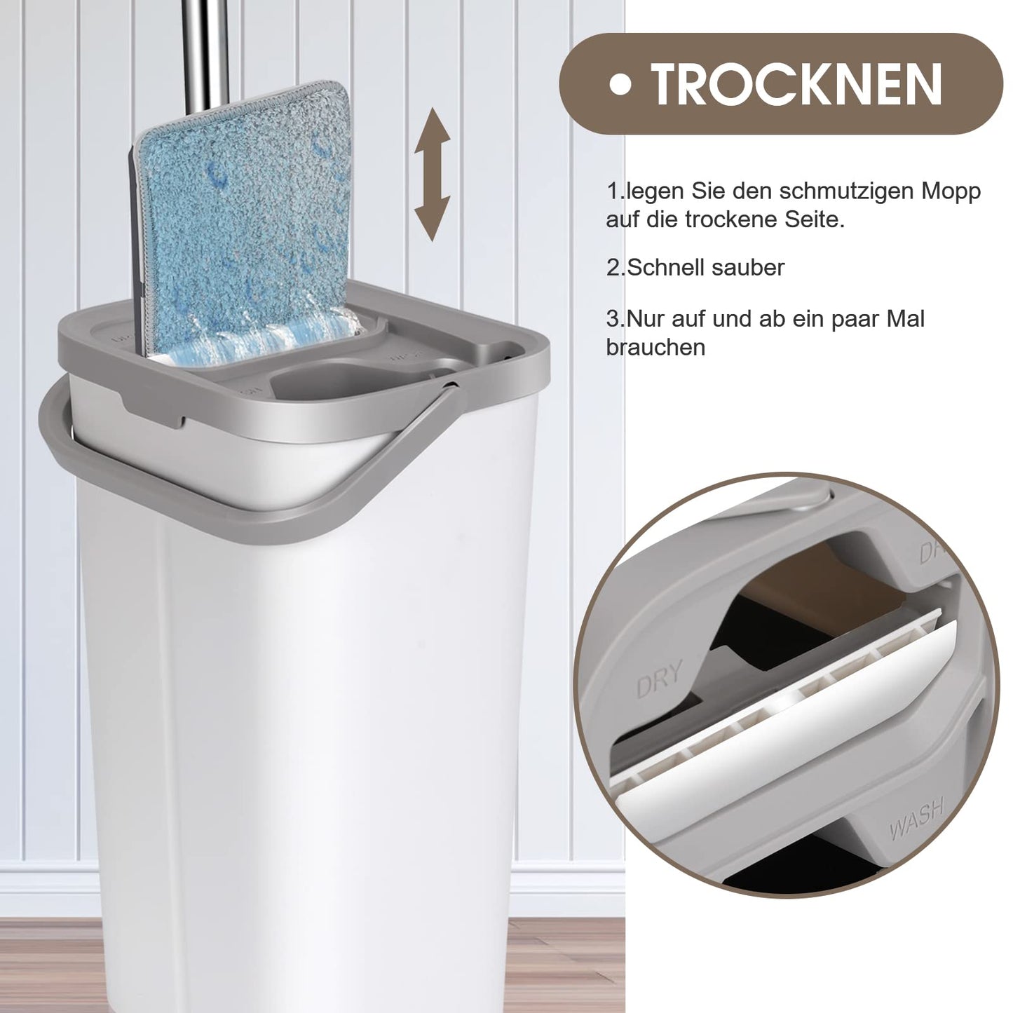 Wischmopp Set mit Eimer, MASTERTOP Bodenwischer Set mit Verstellbarer Griff und 10 Mikrofaser Wischpads, 2 in 1 Putzeimer and Wischmopp Set, Wischer mit Auswringfunktion für All Boden-Weiß