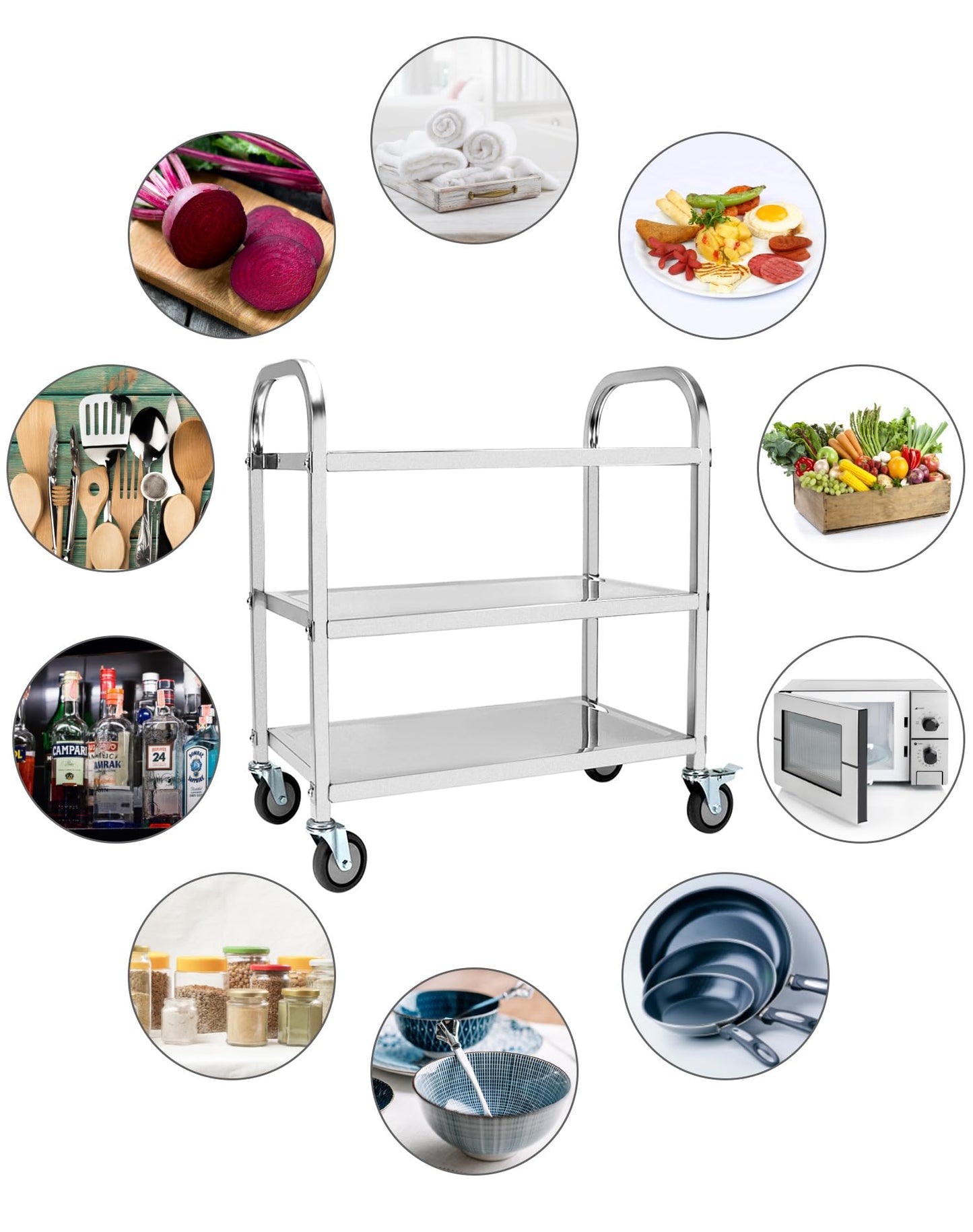 QWORK® 3-Etagen Edelstahl Servierwagen Teewagen Reinigungswagen mit Vibrationsarmen Bremse Lenkrollen für Küche, Hotel, Restaurant (75 x 40 x 83,5 cm)