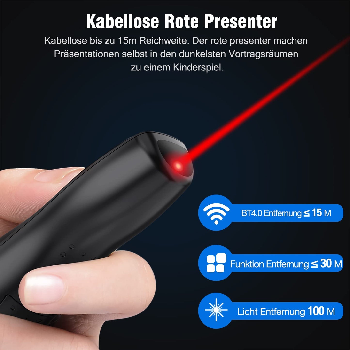 Kabellose Presenter, 2.4 GHz Wireless Presenter Verbindung via USB-Empfänger, 15m Reichweite, Roter Presenter, Fernbedienung Präsentation für Windows und Mac/PowerPoint/Keynote/Google Slides/PDF