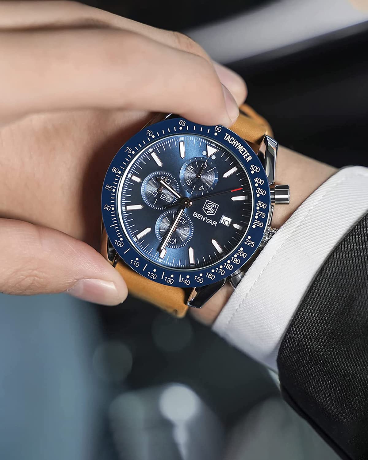 BENYAR Uhren Herren Analog Quarz Chronograph Herrenuhren 30M Wasserdicht Leuchtende Datum Braun Lederband Armbanduhr Lässig Business-Kleid Uhren Elegantes Geschenk fur Männer