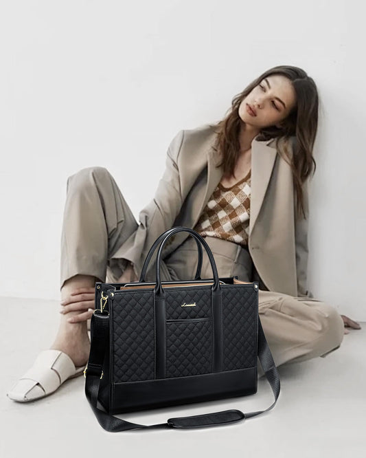 LOVEVOOK Laptoptasche Damen 15,6 Zoll, Wasserdicht Arbeitstasche Handtasche Groß Schultasche Shopper Business Tasche Aktentasche Lehrertasche, Leder Tote Bag Notebooktasche für Büro Uni Schwarz
