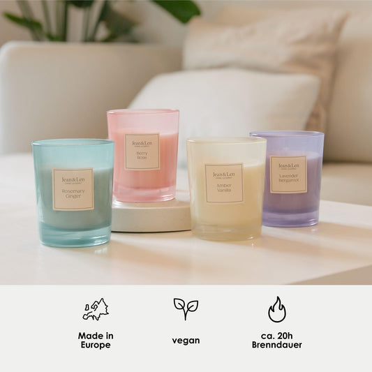 Jean & Len Duftkerze Amber & Vanilla, für gemütliche Abende Zuhause, Handgemachte Duftkerze mit herb-zartem Amber & Vanille Duft, Kerze im stylischen Glas, vegan, 120 g