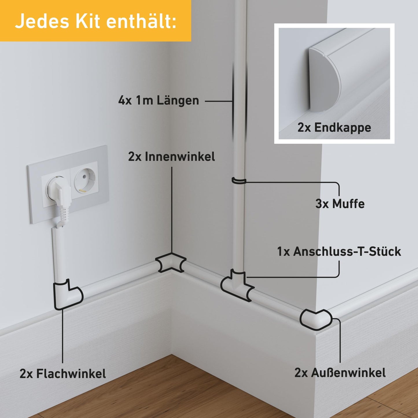 D-Line 2010KIT001 Micro+ Kabelkanal Selbstklebender, Halbrunde Kabelführungen - 20x10 mm 4 x 1 m Länge - Weiß