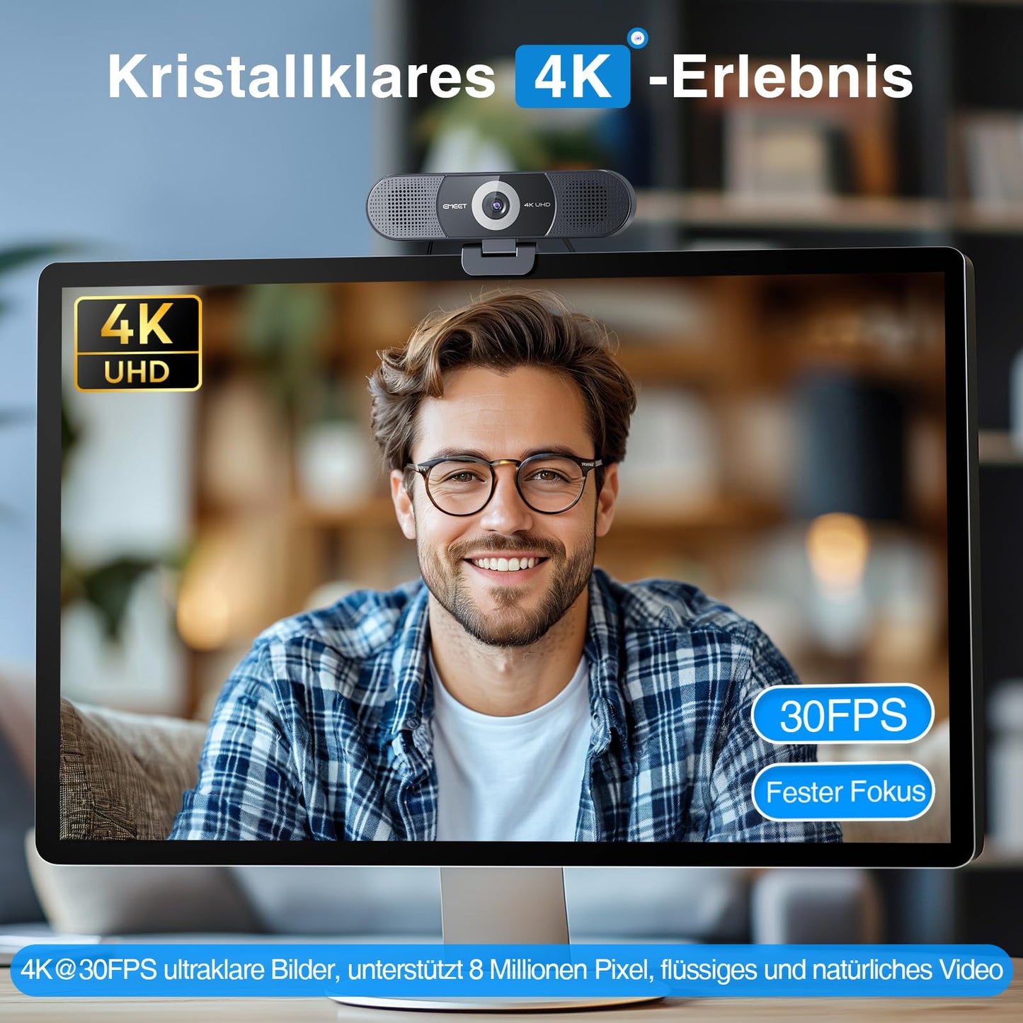 EMEET 3-in-1 4K Webcam, C980 PRO 4K Webcam mit 4 Geräuschunterdrückenden Mikrofonen und 2 Lautsprecher, 60°-98° Weitwinkel, Festem Fokus, Sichtschutz, Webcam Ideal für Gruppen- und Einzelvideoanrufe