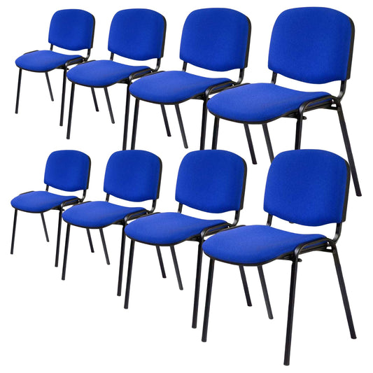 Topsit 8er-Set blauer stapelbarer Besucherstühle ohne Armlehnen mit Metallgestell und Polsterung, ideal für Büros, Rezeptionen und Konferenzräume, in einem modernen professionellen Setting.