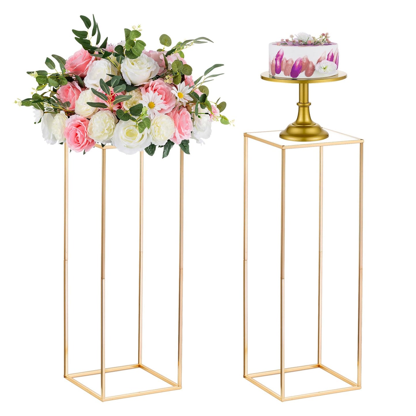 NUPTIO 2 Stück Goldvasen für Hochzeit Herzstück Tische, Metall Blumenboden Vase Säule Blumenständer, 80cm Hohe Geometrische Blumenvase, Rechteckige Blumen Display Rack für Zuhause Party Hochzeit