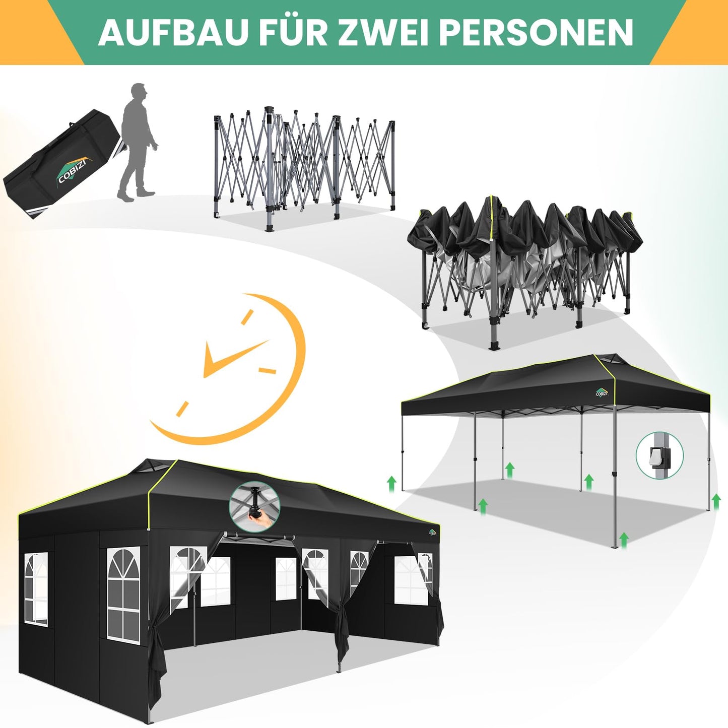 COBIZI Faltpavillon 3x6 Pavillon wasserdicht Winterfest, EIN-Tasten-Zentralverriegelung Partyzelt Faltbar Anti-UV mit Fluoreszierenden Streifen, 6 Seitenwänden, Gartenpavillon für Hochzeiten, Freien