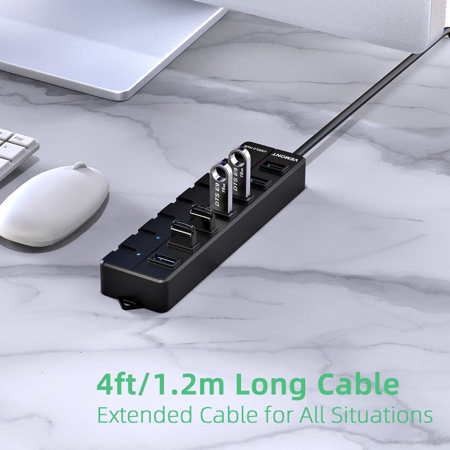 USB 3.0 Hub, VEMONT 7-Port USB Hub USB Splitter mit verlängertem 1.2m Kabel, USB Verteiler mit einzelnen LED Power Schalter für PC/MacBook Air/Pro/Mac Mini/iMac/MacPro/Laptops und weitere USB Geräte