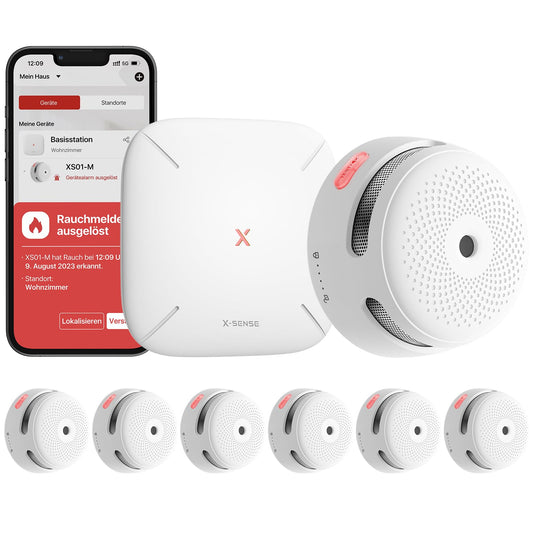 X-Sense Smart Rauchmelder XS01-M mit SBS50 Basisstation, TÜV-Zertifiziert, Funkrauchmelder mit WLAN, vernetzbarer Feuermelder, kompatibel mit der X-Sense Home Security App, FS61, 6 Stück